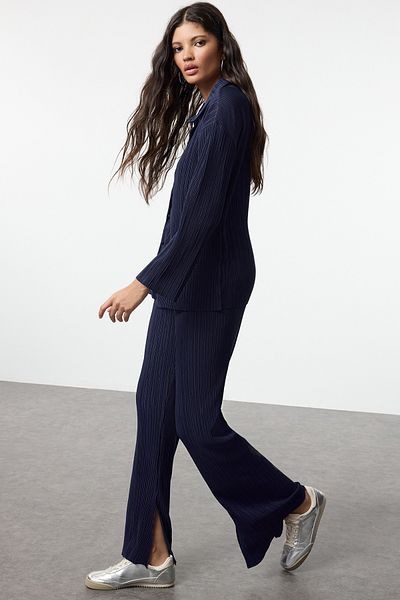 Trendyol Collection Navy Blue Regular Buttoned Knitted Set - Pleated Bottom-Top Set Twoaw24Au00073