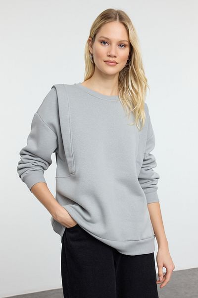 Trendyol Collection Gray Thick Fleece Inside Relaxed Fit Sleeve Detailed Knitted Sweatshirt