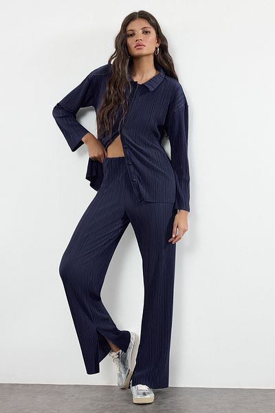 Trendyol Collection Navy Blue Regular Buttoned Knitted Set - Pleated Bottom-Top Set Twoaw24Au00073