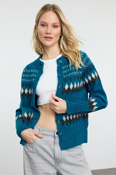 Trendyol Collection Cardigan din tricot moale cu model geometric - albastru TWOAW25HI00331