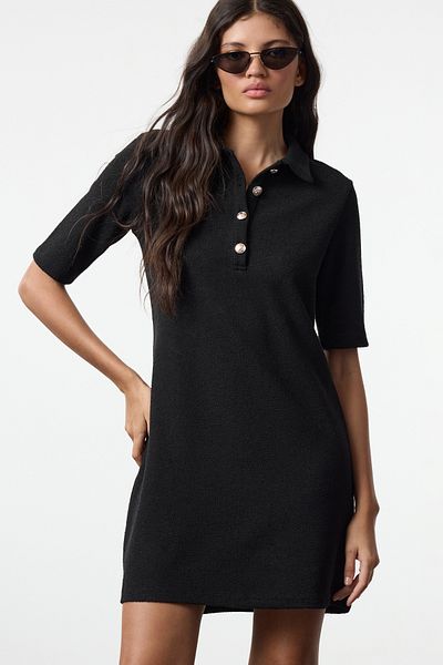 Trendyol Collection Mini pletené šaty Black Tweed Shift Twoaw25El00531