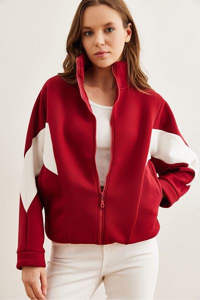 Olalook Hanorac bloc oversize roșu Claret - cu fermoar, raster SWT- 19000656