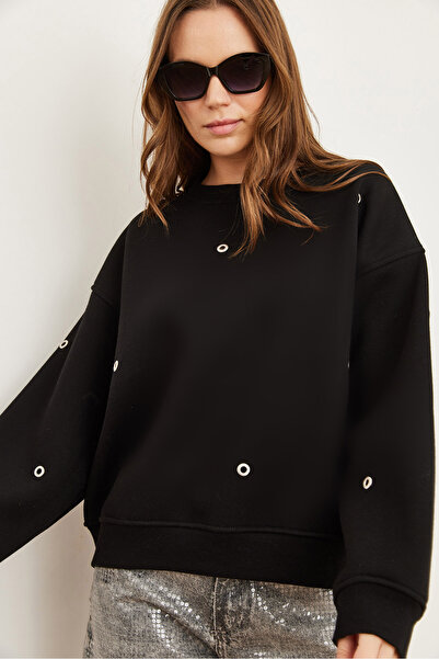 Olalook Women's Black Bird Eye Detailed Raised Premium Sweatshirt Swt- 19000672