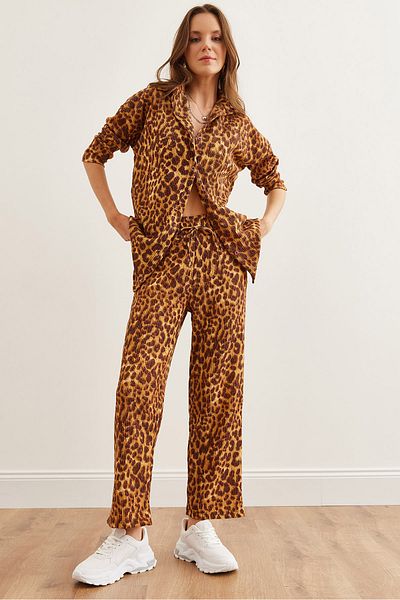 Olalook Leopard Patterned Brown Colored Women's Shirt and Trousers Set - Tkm- 19000309