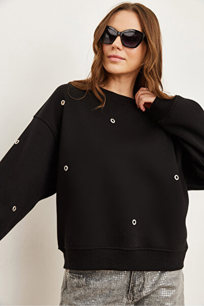 Olalook Women's Black Bird Eye Detailed Raised Premium Sweatshirt Swt- 19000672