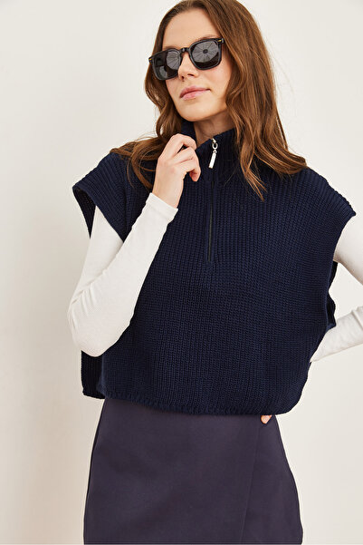 Olalook Жіночий темно-синій комір-стійка на блискавці з боковою стрічкою SVT00000037