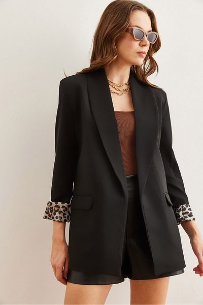 Olalook Jachetă neagră pentru femei, cu căptușeală leopard, cu buzunare pentru accesorii CKT- 19000393
