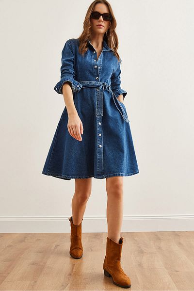 Olalook Rochie de damă din denim evazată cu curea albastru închis cu buzunare ELB- 19002267