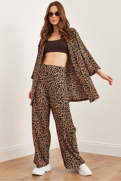 Olalook Women's Camel Black Top Jacket Bottom Palazzo Leopard Suit Tkm- 19000310