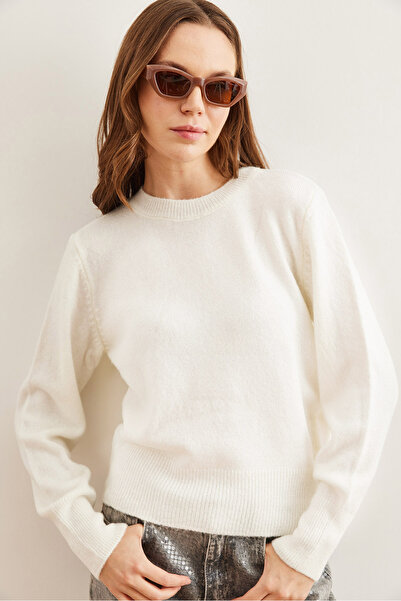 Olalook Pulover de damă, ecru, cu decolteu, cu textura moale, de bază, KZK- 19000845