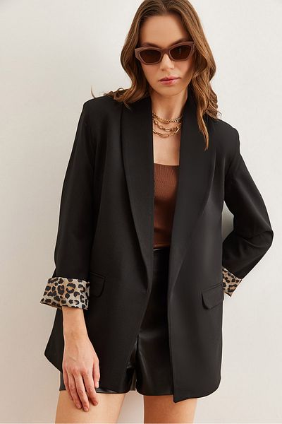 Olalook Jachetă neagră pentru femei, cu căptușeală leopard, cu buzunare pentru accesorii CKT- 19000393