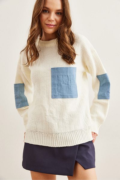 Olalook Ecru Denim Garnished Pocketed Loose Knitwear Sweter Damski - Kzk- 19000837