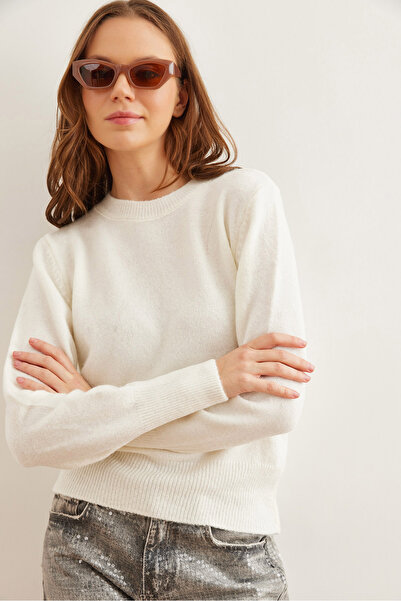 Olalook Pulover de damă, ecru, cu decolteu, cu textura moale, de bază, KZK- 19000845
