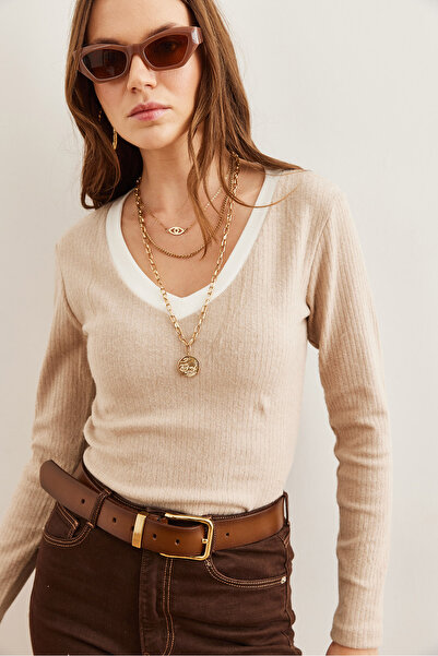 Olalook Жіноча блузка з лайкри Tas з білим коміром з детальним малюнком На флісі BLZ19002746