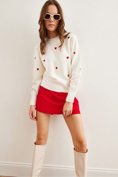 Olalook Damen-Strickpullover in Weiß-Rot mit Herz-Stickerei und weicher Textur KZK- 19000843
