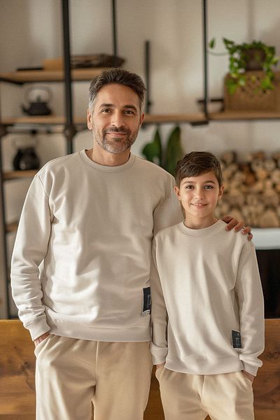 TRENDYOLKIDS Μπεζ*004 Πλεκτό Μίνι Φούτερ με στάμπα για αγόρι, μπαμπάς-γιός, TKDAW25SW00070
