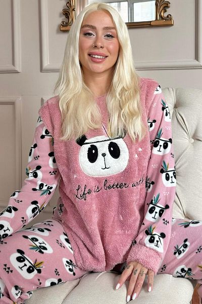 Pijamaevi Pink Life Panda mintás női plüss pizsama szett
