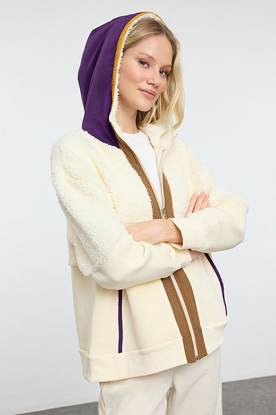 Trendyol Collection Ecru Color Blocked - Woven Garnished Wide Fit Sweatshirt Twoaw25Sw00106