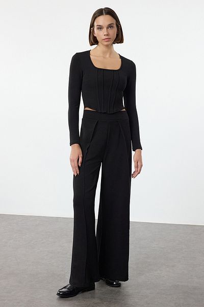 Trendyol Collection Wide Leg Black Trousers - Pleat Detail, Twoaw25Pl00078