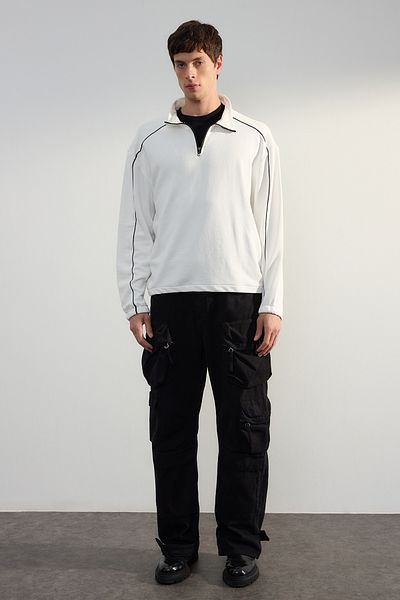 Trendyol Collection Бял овъргарен/широк суитшърт с широка яка и цип, поларени кани Tmnaw25Sw00033