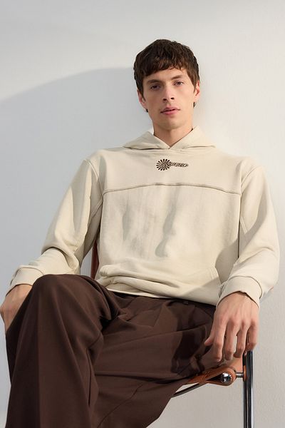 Trendyol Collection Μπεζ Premium κανονική/κανονική κοπή με λεπτομέρεια ραφής κεντημένη φούτερ χωρίς σημάδι TMNAW25SW00099