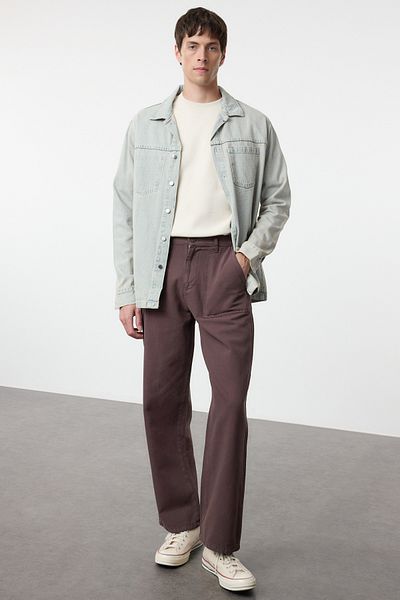 Trendyol Collection Καφέ 100% βαμβακερό ίσιο παντελόνι φαρδύ με λεπτομέρεια τσέπης TMNAW25PL00013