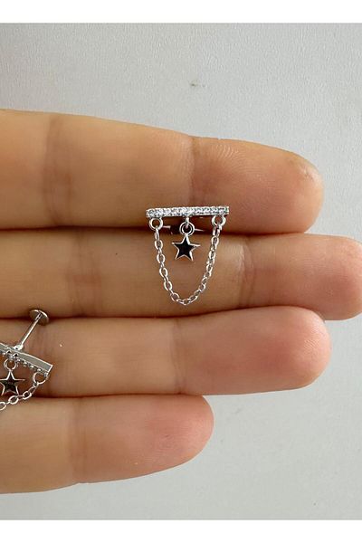 Arescollection 1 Piece Zircon Stone - Chained Flat Helix Lobe Cartilage Thinning Piercing Earrings