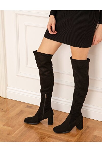 İLVİ Renta Hakiki Süet Deri Kadın Siyah Streç Topuklu Çizme