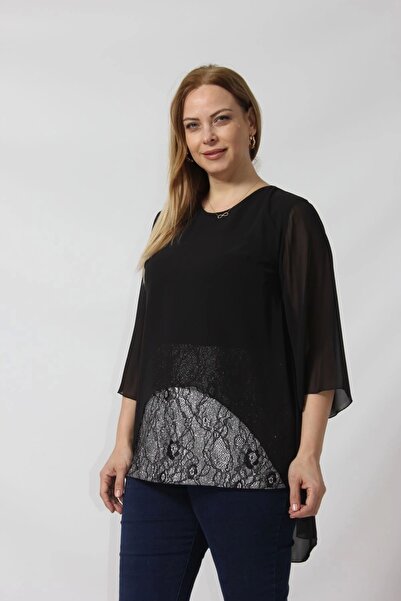 Moda Berray 4048 Şifon -Simli Dantel Kombinli Büyük Beden Bluz