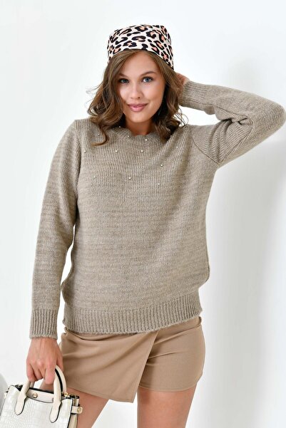 FTZ WOMEN Ženski sveter sa perlama i vezom od nerca 20741