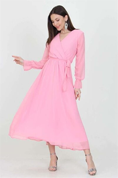 Dipmoda Дамска рокля с колан в прасковен цвят от шифон KTS003