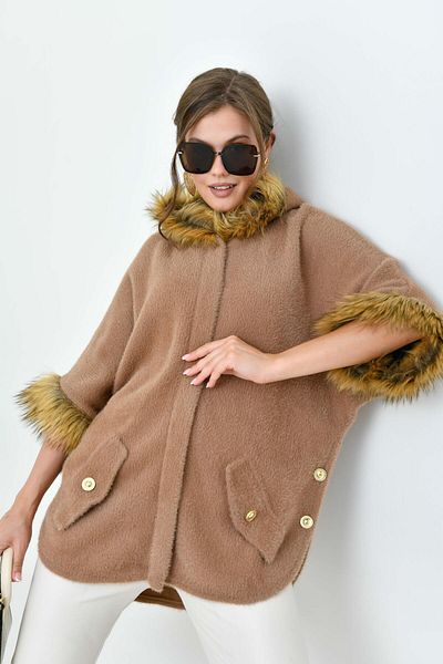 FTZ WOMEN Women's Fur Detailed Poncho Biscuit 20701
