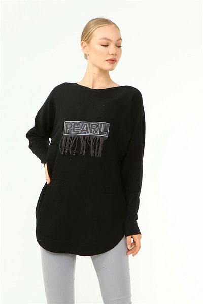FTZ WOMEN Pulover de damă negru oversize brodat în față - 21-1290