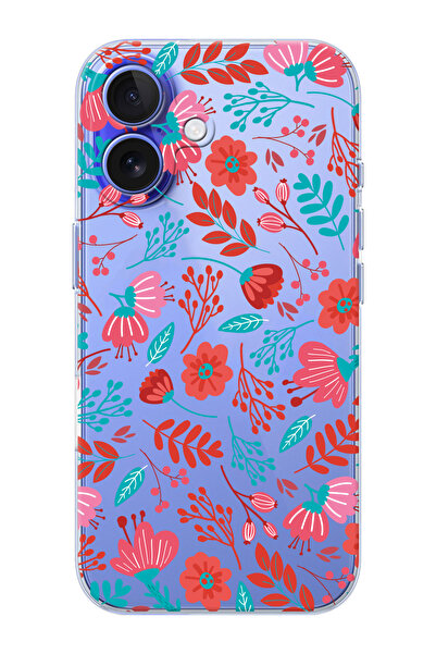 shoptocase iPhone 16 PLUS Uyumlu Çiçekler Desenli Şeffaf Silikon Telefon Kılıfı