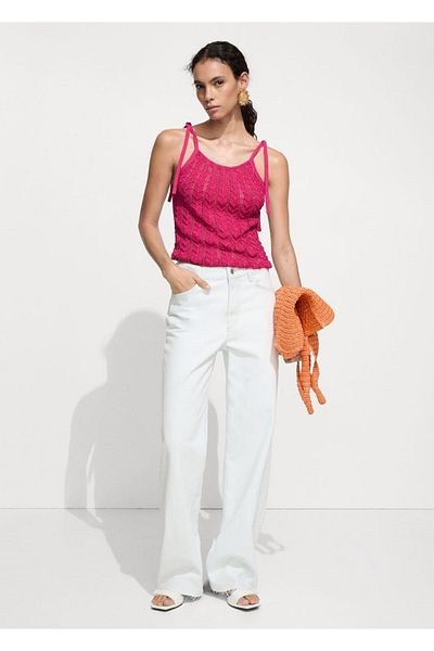 MANGO Woman Διάτρητη πλεκτή μπλούζα με λεπτομέρεια γραβάτα