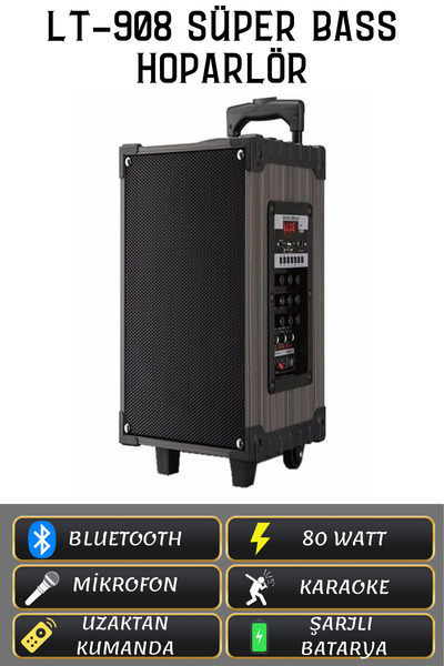 L'eDoren Lt-908 Süper Bass Şarjlı Mikrofonlu Hoparlör Karaoke Sistemi 80 Watt Taşınabilir Parti Box