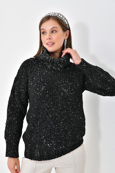 FTZ WOMEN Pulover sclipitor cu guler Degaje de damă, negru 20565