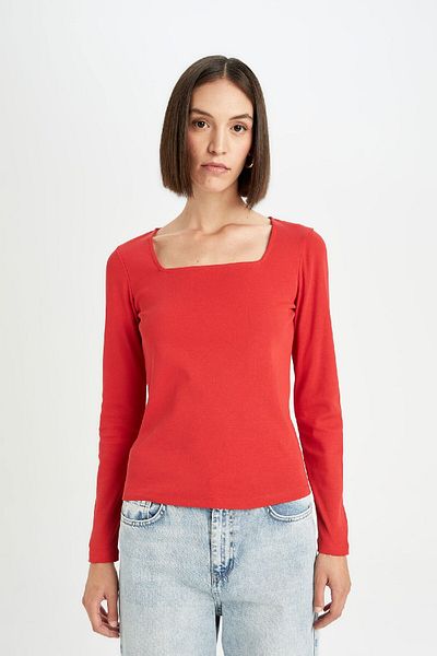 DeFacto Red Long Sleeve Ribbed Camisole T-Shirt - Square Collar, Regular Fit D7506Ax24Au