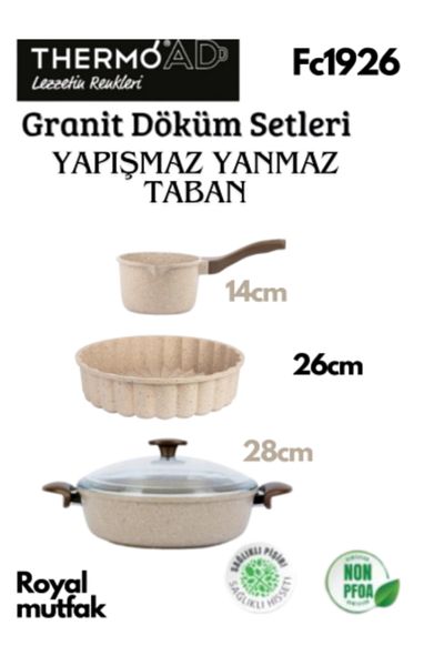 ThermoAD 28 cm Cast Iron Granite Karnıyarık Pot + 26 cm Mink Milk Jug-Faucet Set