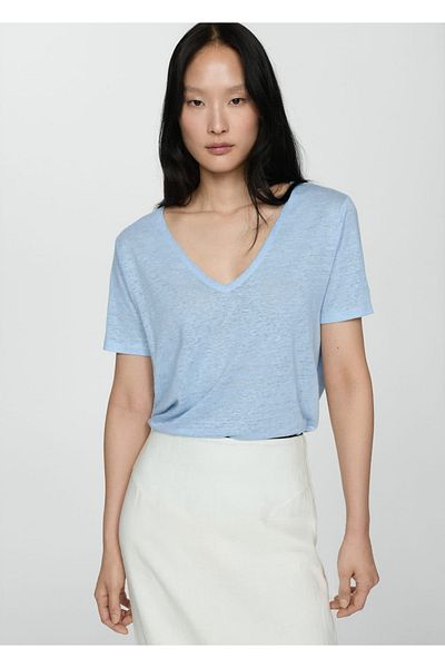 MANGO Woman Tricou din in cu maneca scurta