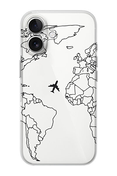 shoptocase iPhone 16  Uyumlu Çizgisel Harita Desenli Şeffaf Silikon Telefon K...