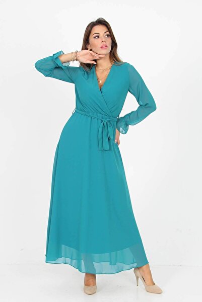 Dipmoda Γυναικείο μακρύ φόρεμα σιφόν νέας σεζόν διπλό πέτο με λεπτομέρεια δεσ...