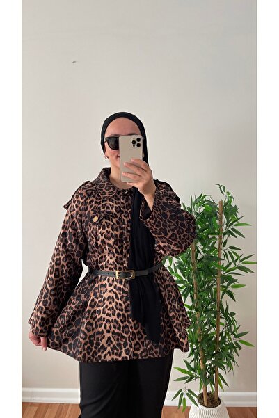 DEMET Namur Kemerli Astarlı Leopar Ceket