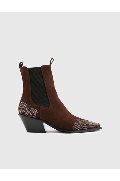 İLVİ Dixie Hakiki Süet Deri Taşlı Kadın Kahverengi Topuklu Bot