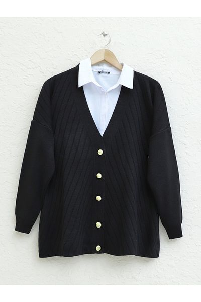 Modamorfo Cross Striped Brooch Buttoned Knitwear Cardigan - Black