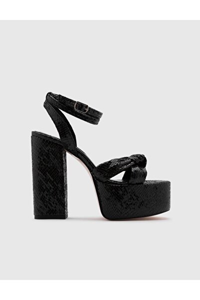 İLVİ Alcott Genuine Leather Snake Printed Black Women's Heeled Sandals