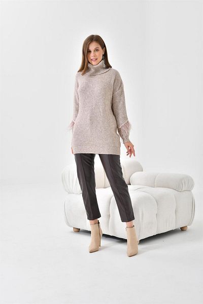 FTZ WOMEN Women's Feather Detailed Sweater Stone 20409