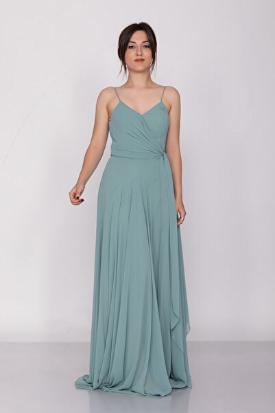 DORİDORCA 2057 KB İnce Askılı Derin Yırtmaçlı Şifon Uzun Elbise