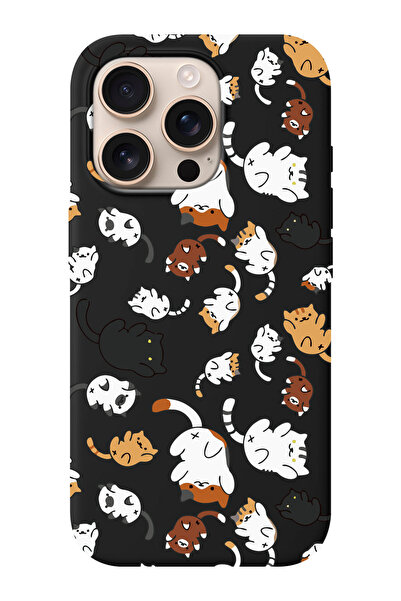 iPhone 16 PRO Compatible Kitty Patterned Suede Inside Silicone Phone Case