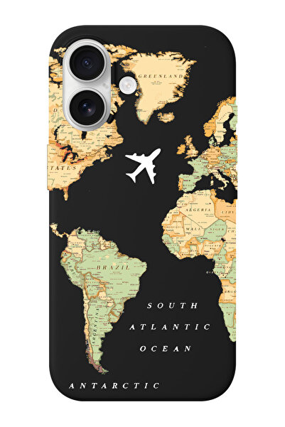 shoptocase iPhone 16 Uyumlu Eski Dünya Haritası Desenli İçi Süet Silikon Tele...